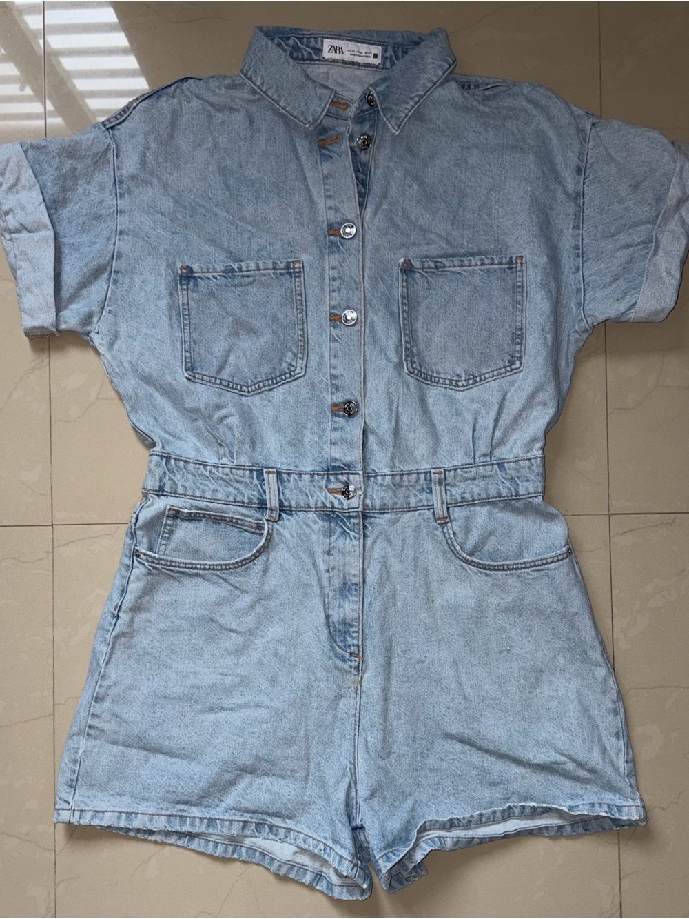 Zara Light Blue Denim Short Romper - Button Front